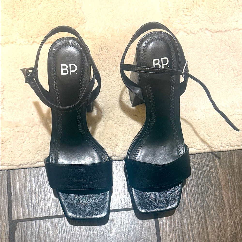 bp Black Square-Toe Ankle-Strap Heels